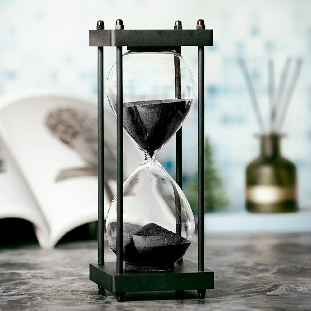 ELAINESTORE reloj de arena 60 minutos negro sobre base de madera, decoración elegante.