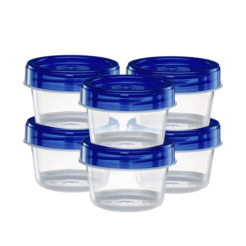 Contenedores Elegant Disposables de 4 oz con tapa azul para porciones seguras.