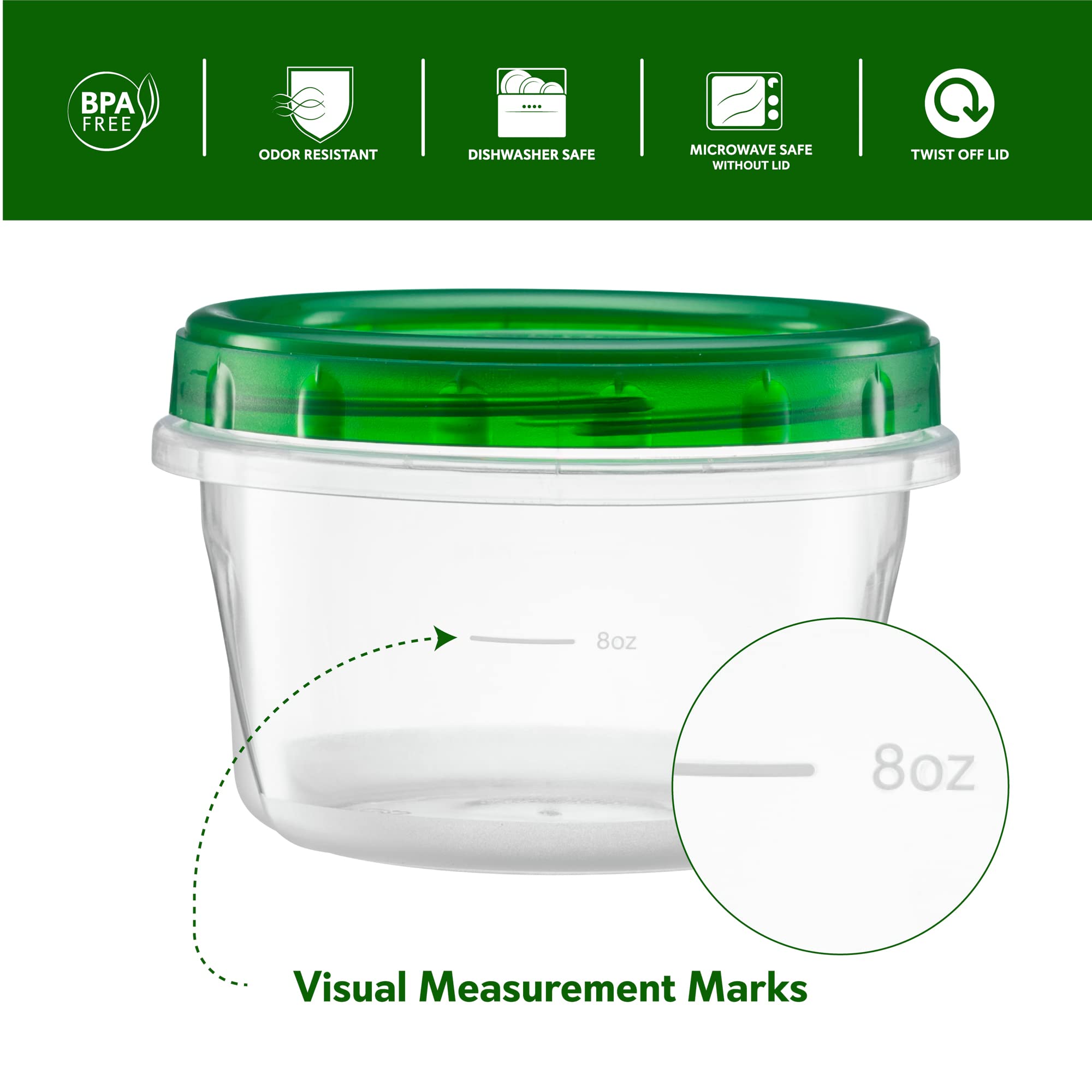 Deli transparente con tapa verde, resistente a fugas, ideal para alimentos