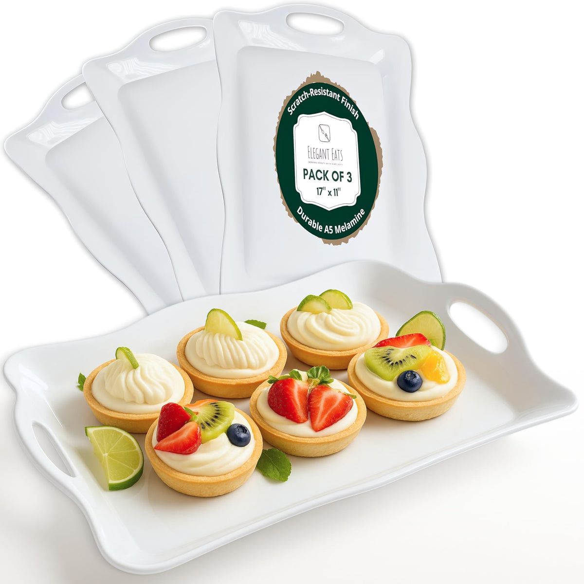 Bandeja Elegant Eats melamina grande 17x11,5 blanca con asas, ideal para servir comidas.