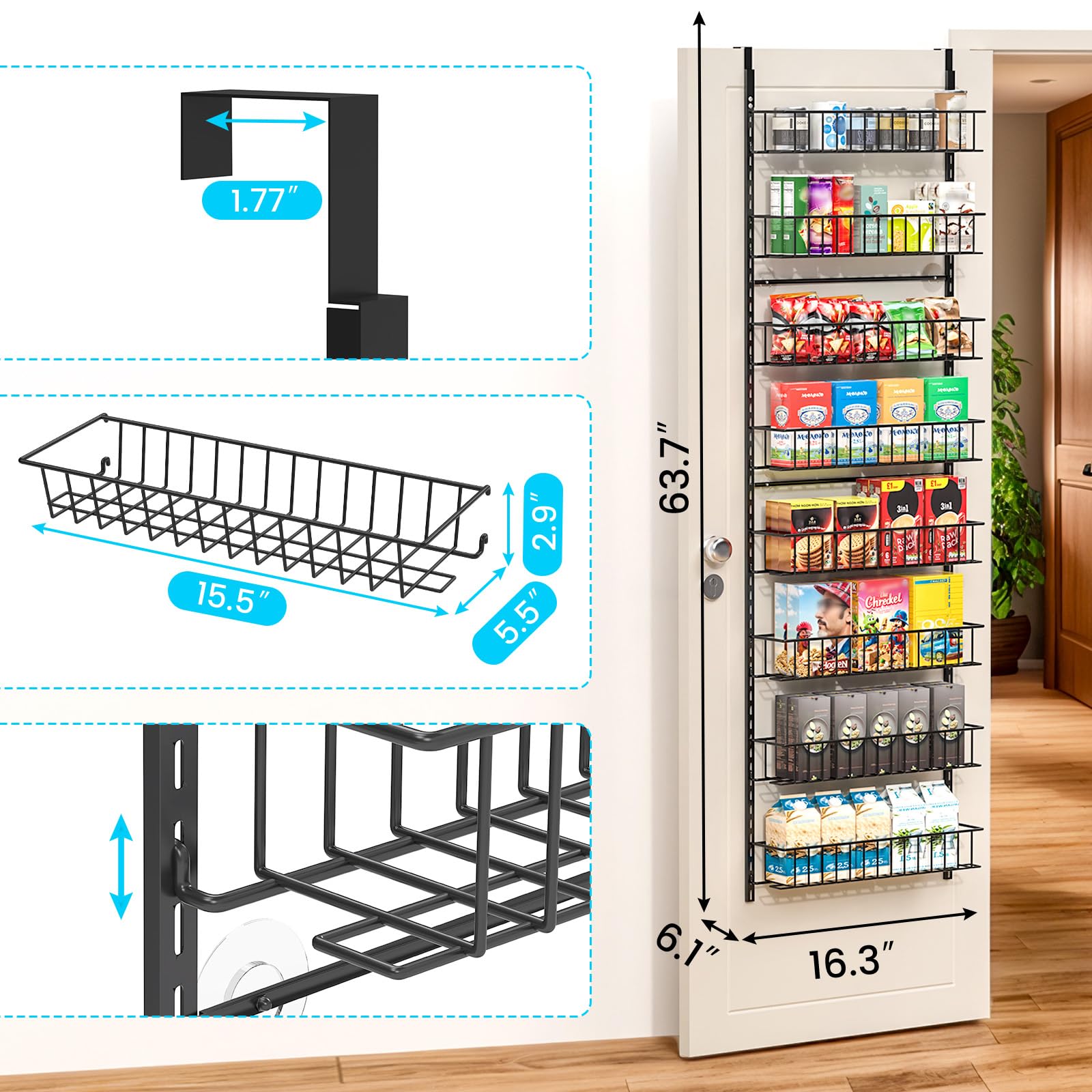 Baldas de metal ElegantArray para puerta sosteniendo utensilios y libros.