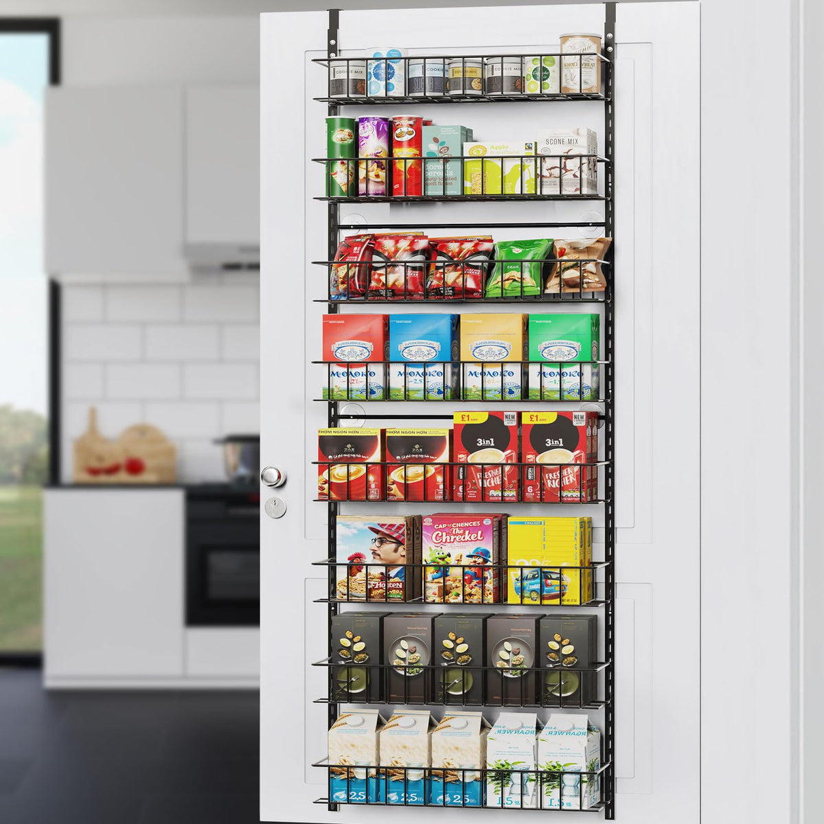 Organizador ElegantArray para puerta con 8 niveles, ahorro de espacio en la cocina.