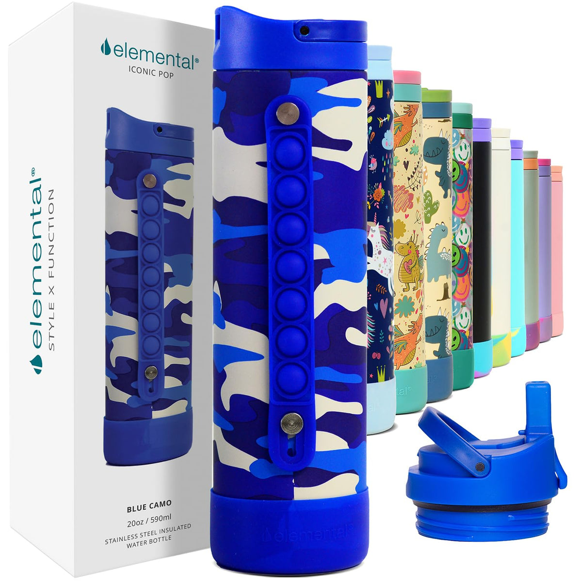 Botella Elemental con asa interactiva de burbujas para mantener las manos ocupadas.