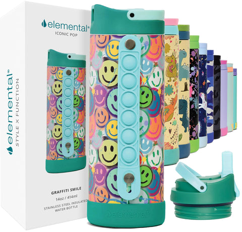 La botella Elemental Iconic con asa pop-it para manos inquietas en clase.