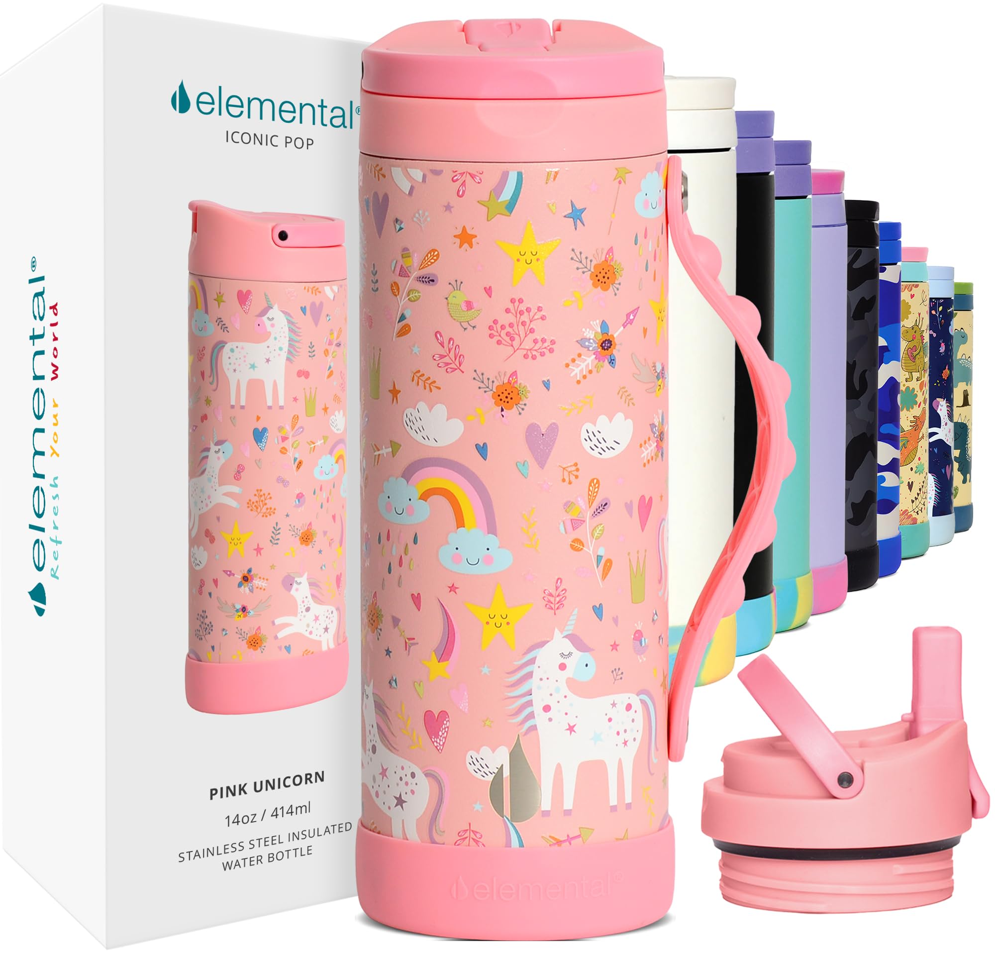 Botella Elemental Iconic para niñas con tapa-pajita, fácil de usar en clase