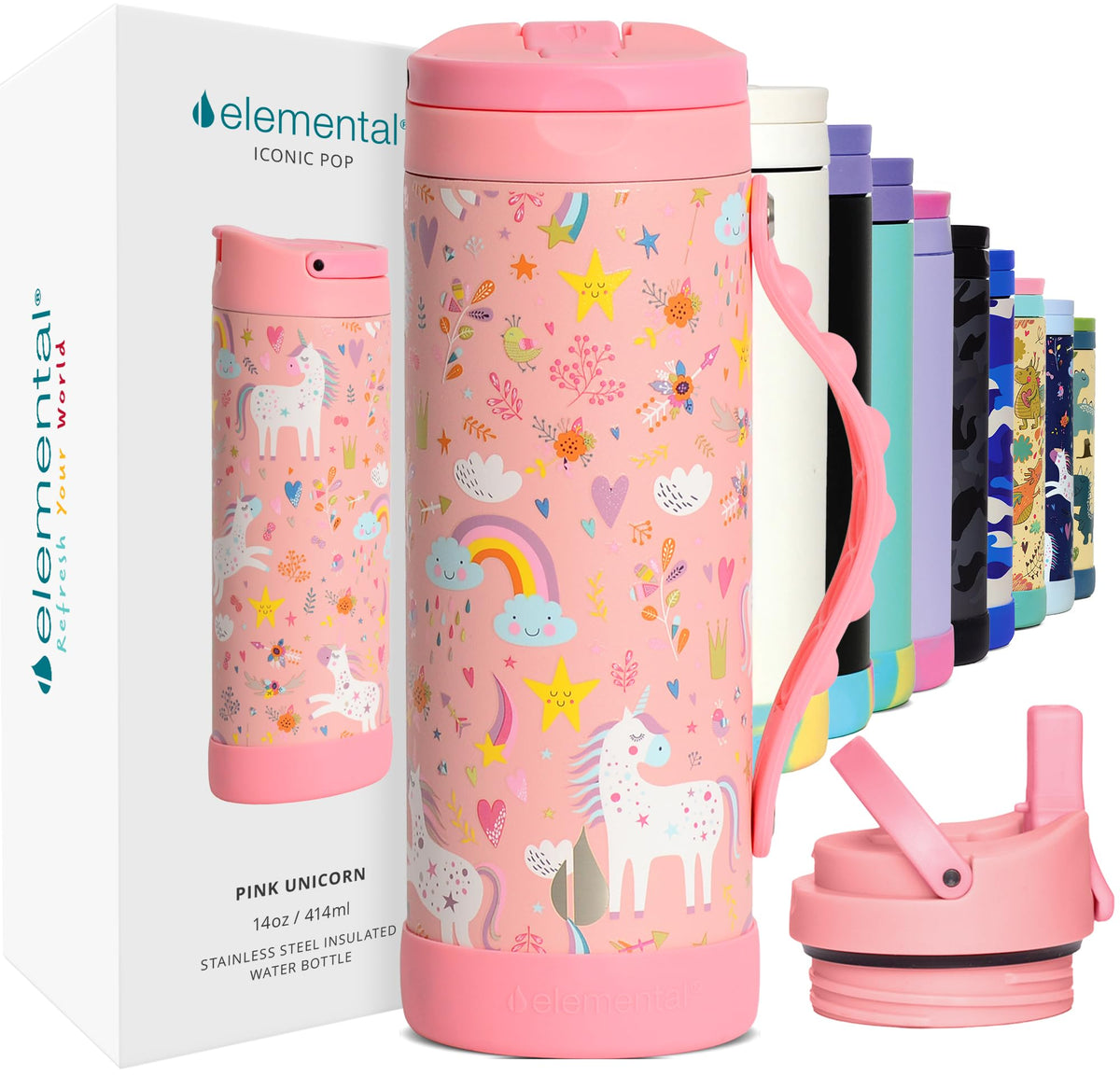 Botella Elemental Iconic para niñas con tapa-pajita, fácil de usar en clase