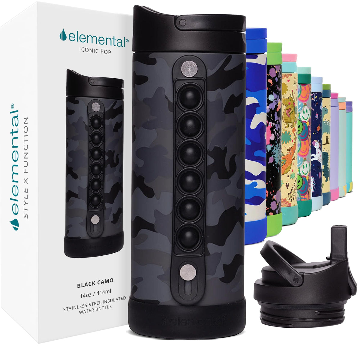 Botella Elemental Iconic para niños con asa burbujas anti-estrés para manos ocupadas.