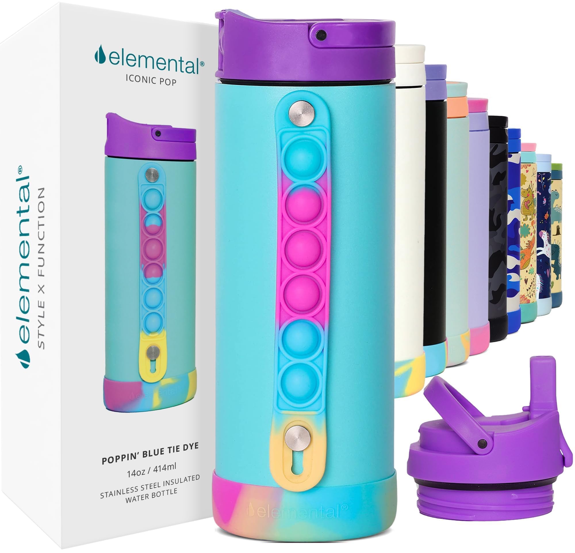 Botella Elemental Iconic con pop-it para niños, ideal para distracción en clase.