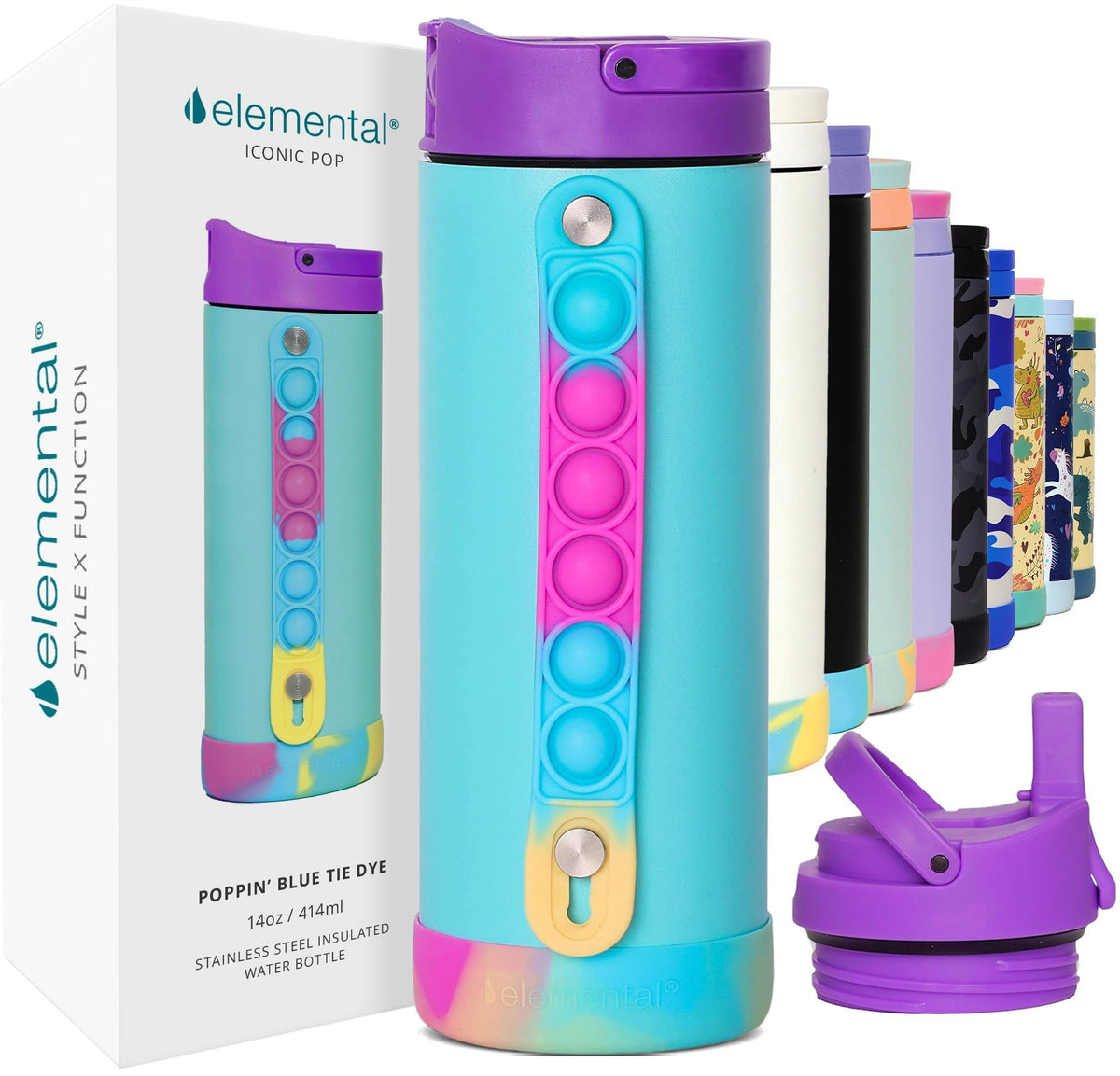 Botella Elemental Iconic con pop-it para niños, ideal para distracción en clase.