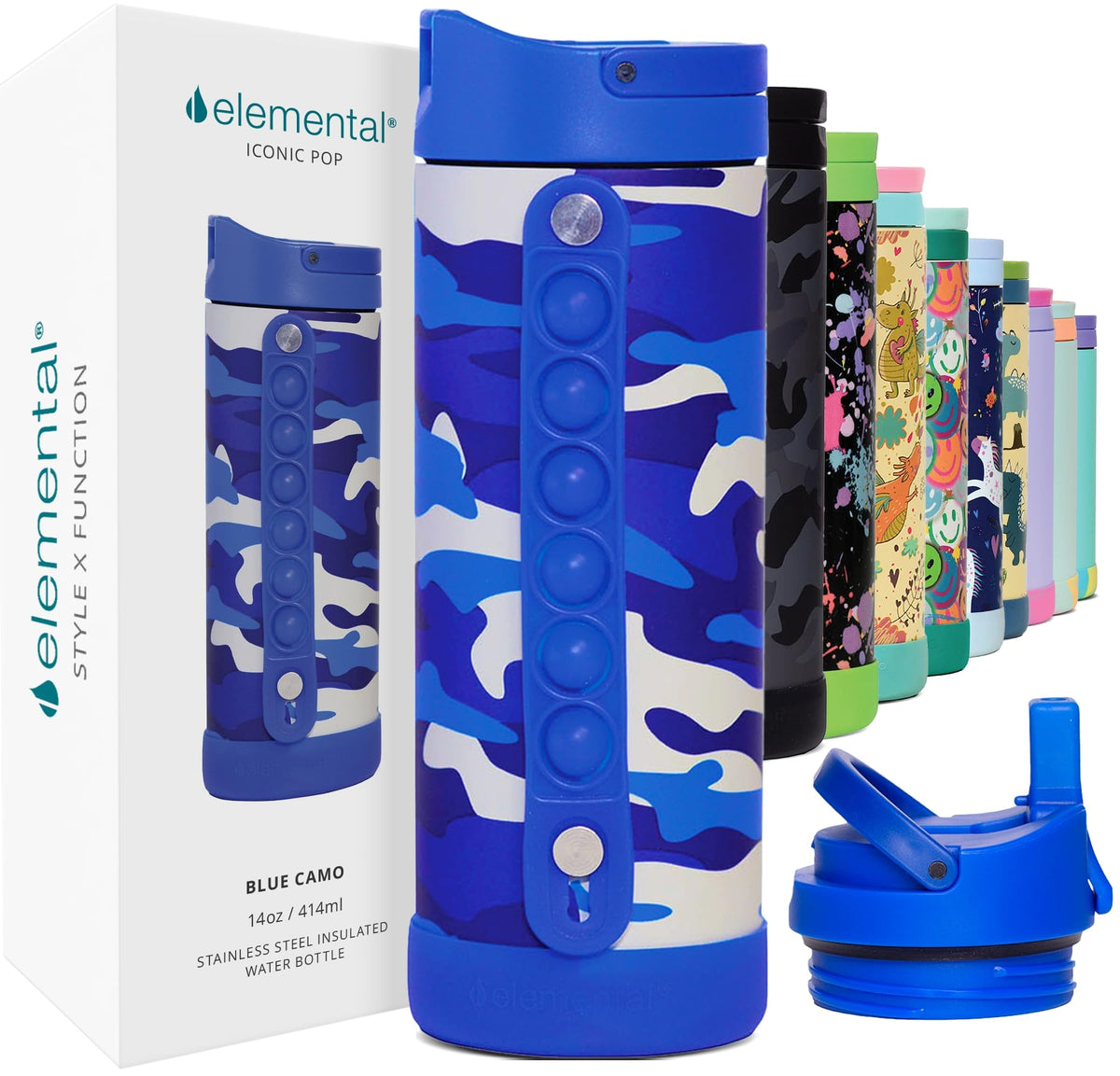Botella Elemental Iconic para niños en azul camo, perfecta para la escuela.