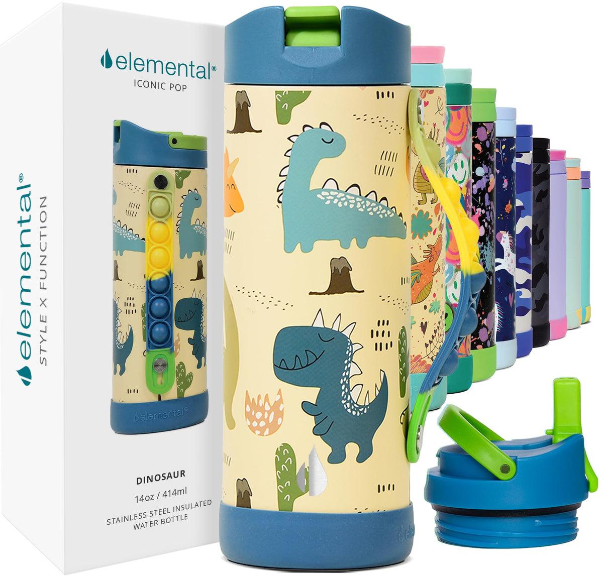 La botella Elemental Iconic para niños con dinosaurio y tapa-pajilla, ideal para salidas.