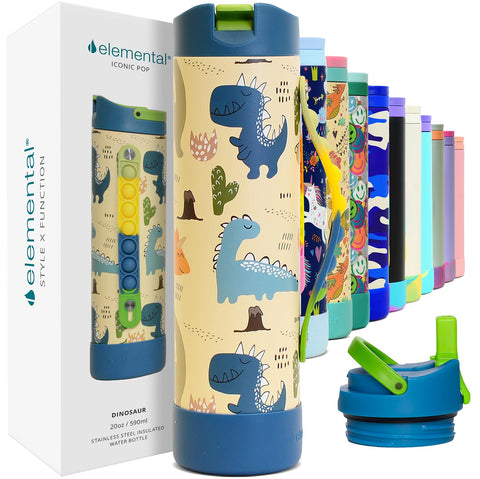 Botella Elemental Iconic con manija Pop‑It para distracciones en clase.