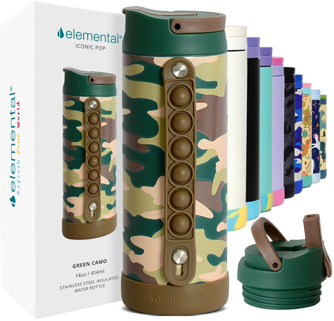 Botella Elemental Iconic con tapa Pop-It para niños, ideal para la escuela.