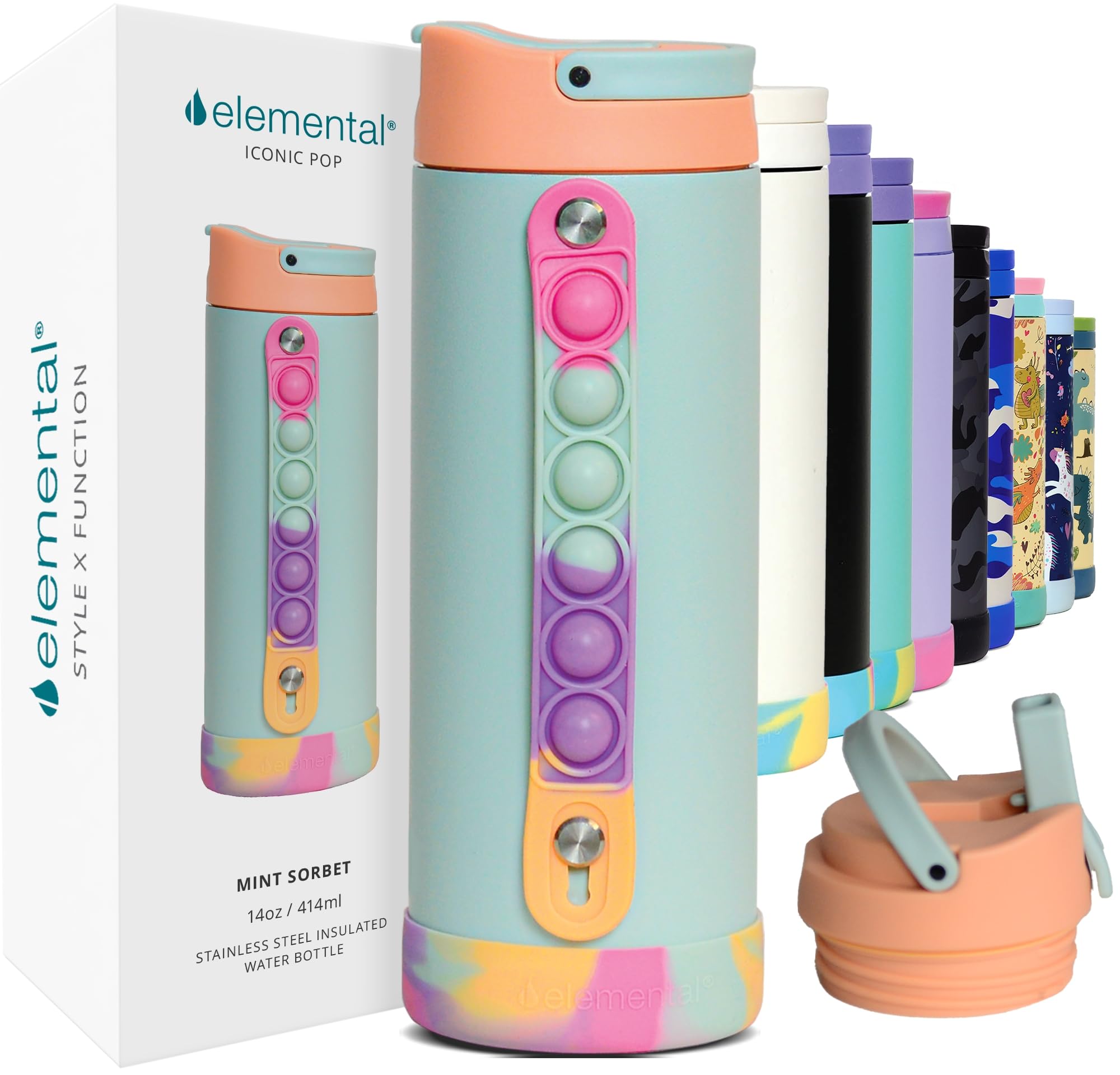 Botella Elemental Iconic para niños con tapa pajilla, ideal para la escuela