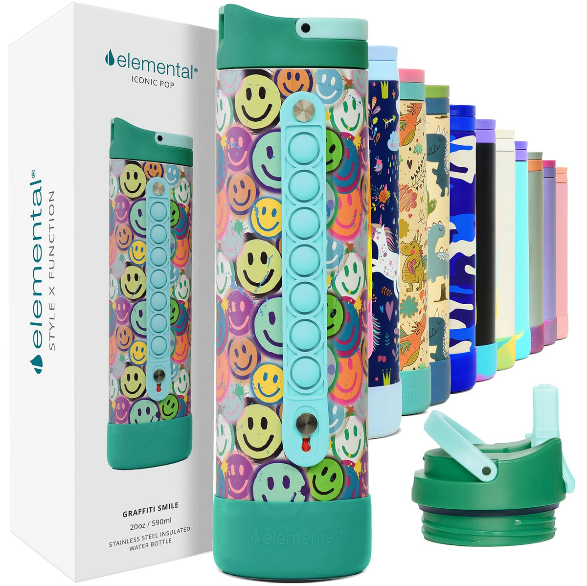Botella Elemental Iconic para niños con graffiti smile, ideal para uso diario.