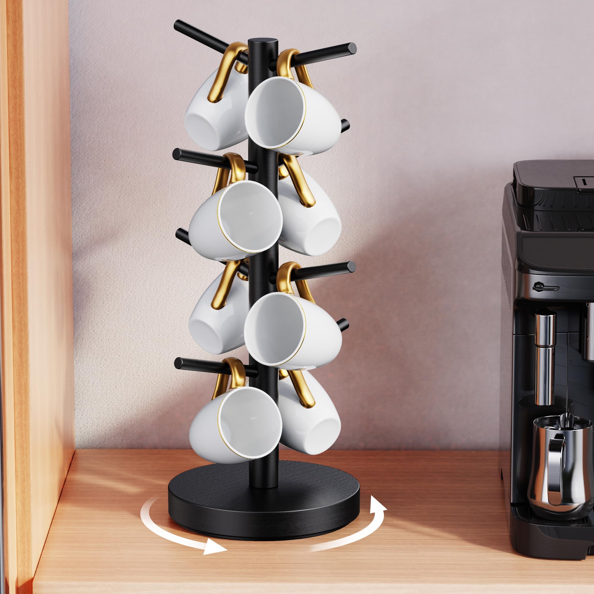 Elerator árbol porta-tazas con base giratoria 360° para acceso cómodo.