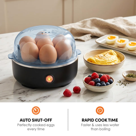Elite Gourmet bandeja con siete huevos lista para cocer, cocción uniforme