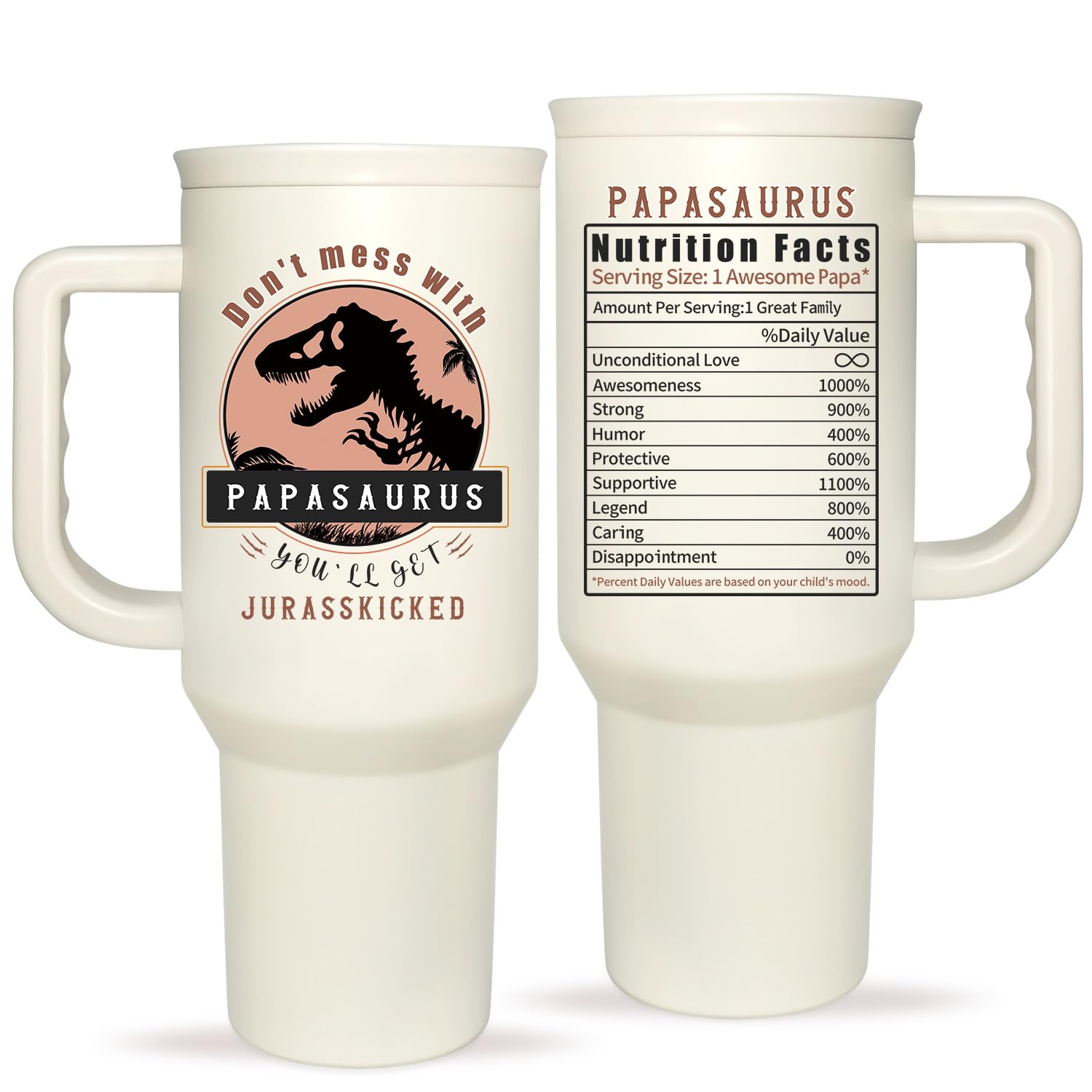 EliteOne Papasaurus Tumbler, vista frontal con dibujo, ideal regalo para papá.