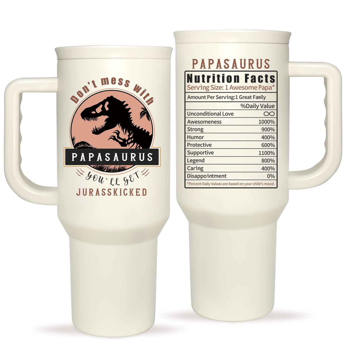 EliteOne Papasaurus Tumbler, vista frontal con dibujo, ideal regalo para papá.