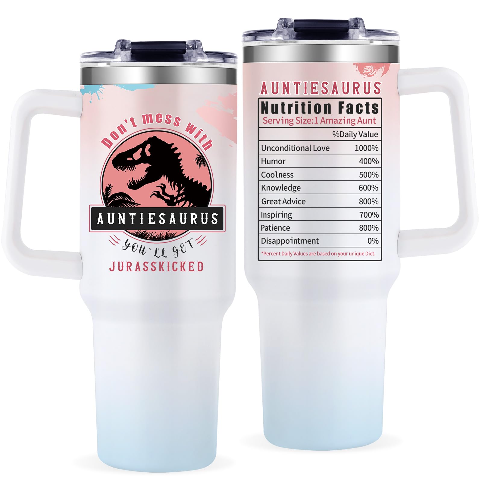 EliteOne tumbler dinosaurio gradiente rosa 40 onzas, ideal para bebidas frías o calientes.