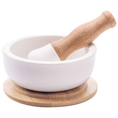 E-liu mortero porcelana con tapa, compacto para moler especias con control.