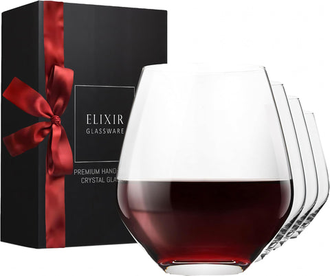 Vasos de vino sin tallo ELIXIR GLASSWARE, 18oz, ideales para cenas elegantes.
