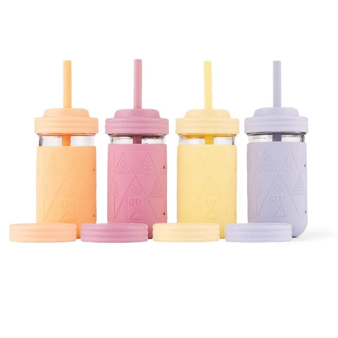 Elk and Friends jarras cristal 12 oz con funda de silicona, agarre seguro para niños.
