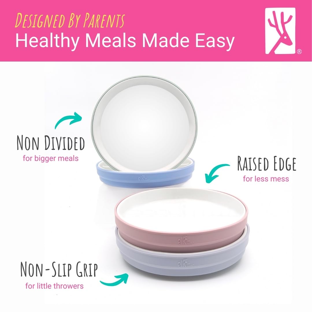 Elk and Friends: plato con bordes altos para autoalimentarse y control de alimentos.