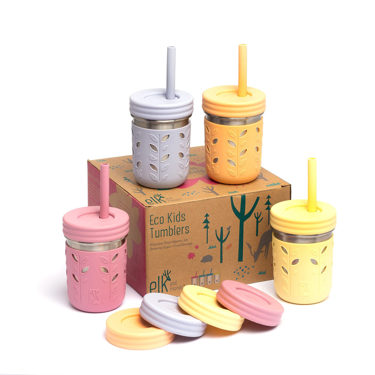 Vaso Elk and Friends de 10oz con funda de silicona, resistente para niños.