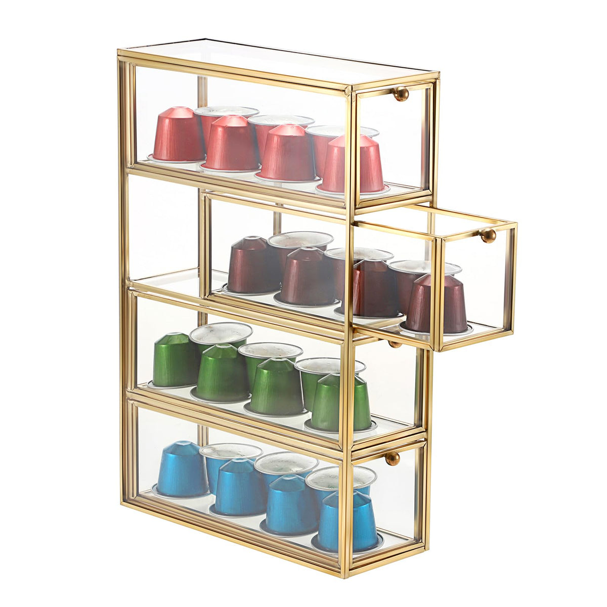 elldoo portacápsulas, vista frontal, cajones dorados para cápsulas y accesorios