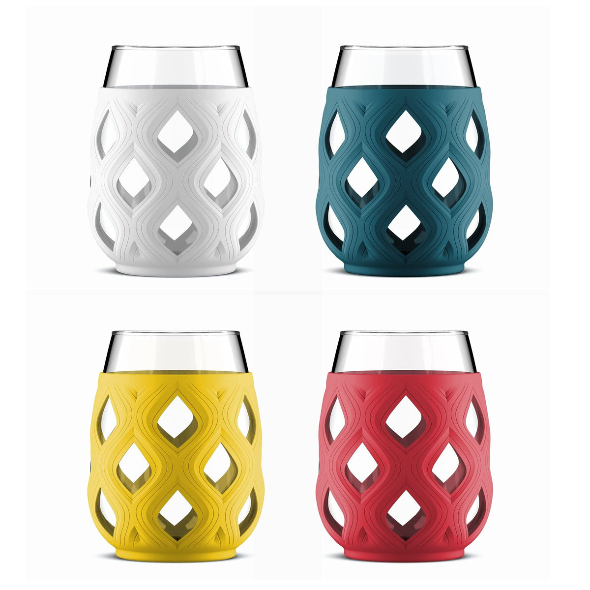 Ello Cru vasos de vino sin tallo con mangas de silicona multicolor, agarre antideslizante.
