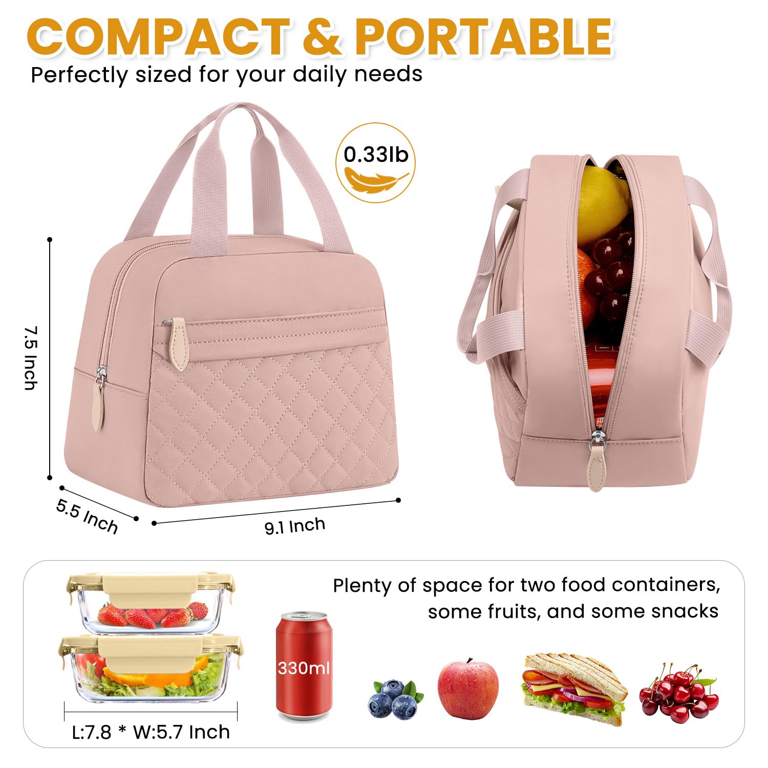 ELONGRIVER bolsa de almuerzo con espacio principal amplio para recipientes y fruta.