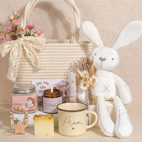 Cesta regalo Elysirise para nueva mamá, regalo de cuidado y apoyo.