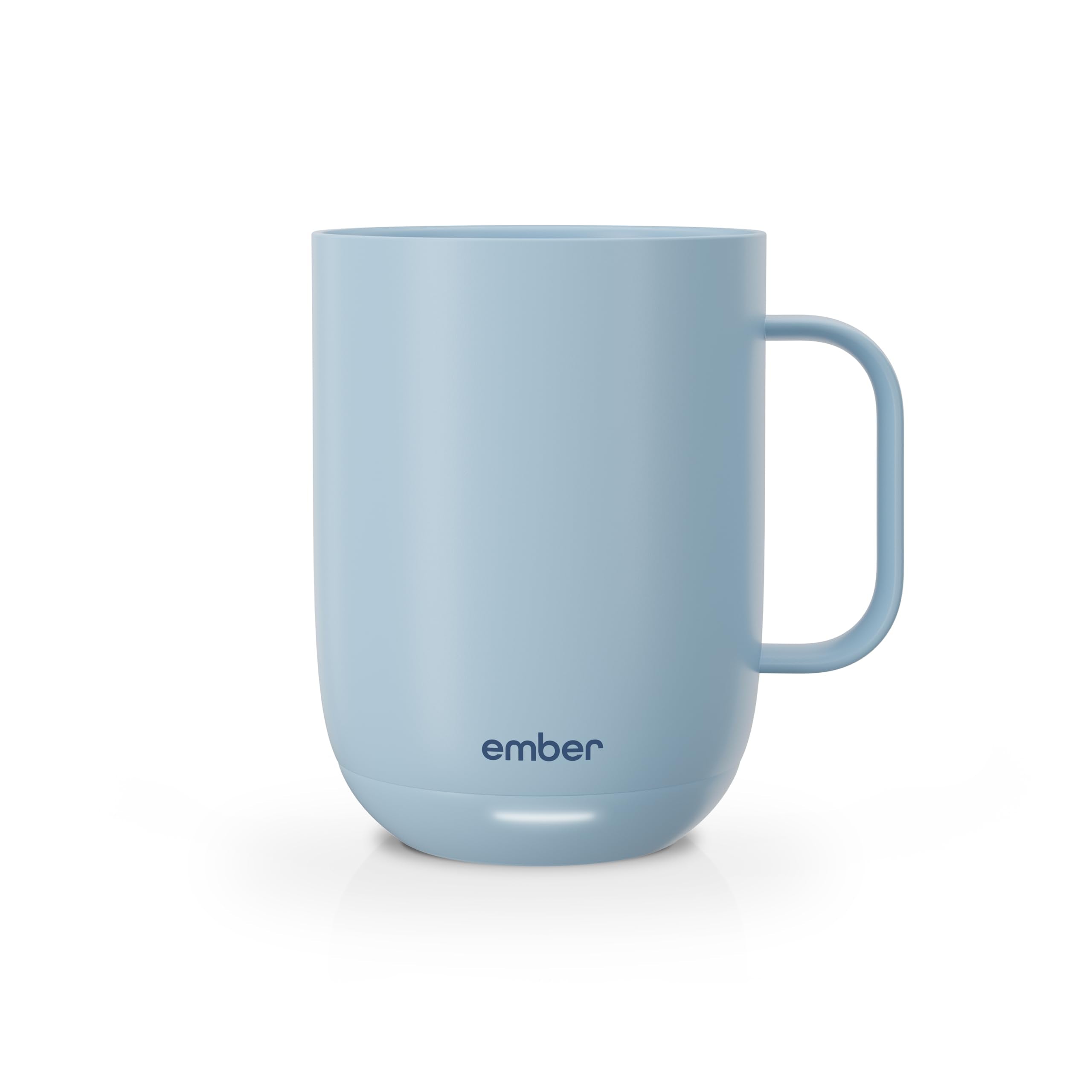 Ember Taza 14oz con pantalla iluminada muestra temperatura para café siempre caliente.