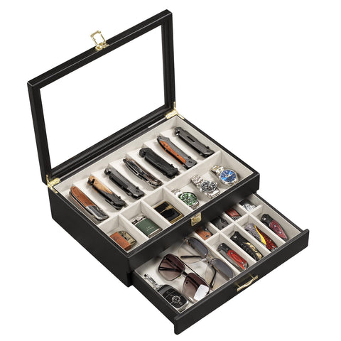 Emfogo caja exhibición para cuchillos plegables con ventana de vidrio y almacenamiento seguro.
