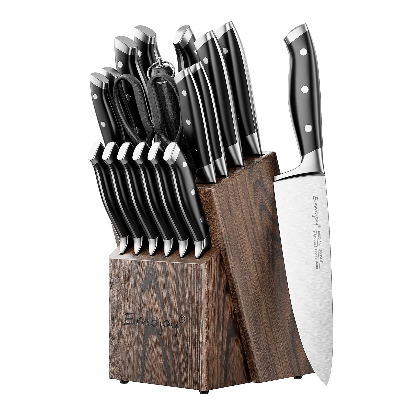 Conjunto Emojoy de 18 cuchillos y bloque de madera para almacenamiento seguro en la cocina.