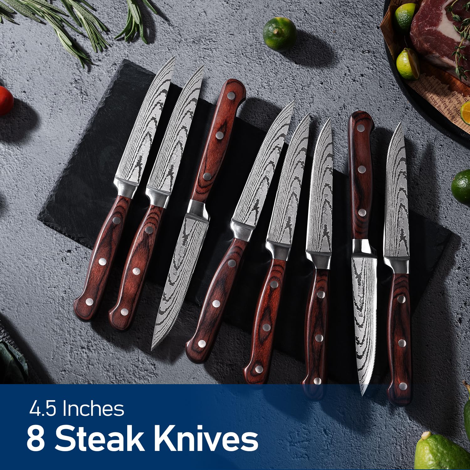 Cuchillos Emojoy para mesa de alta gama, aptos para cortar pavo o jamón.