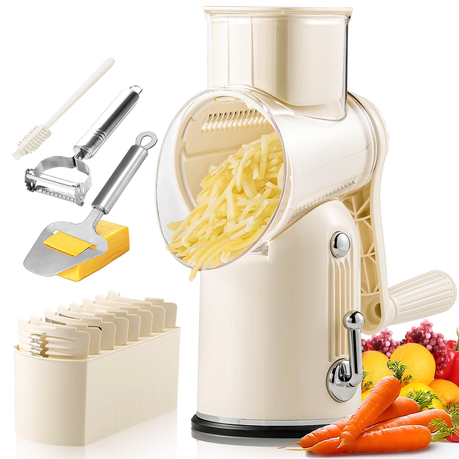 Rallador de queso giratorio Emojoy con manivela para rallado rápido y uniforme.