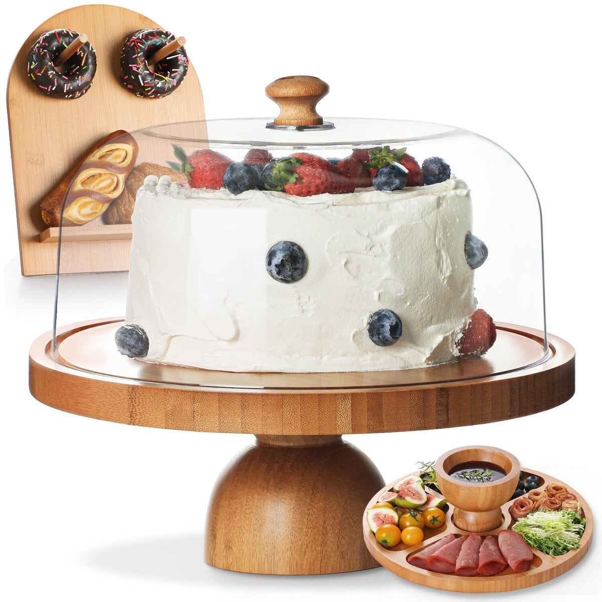Emojoy base de tarta de bambú de 11 pulgadas con domo para exhibir postres.
