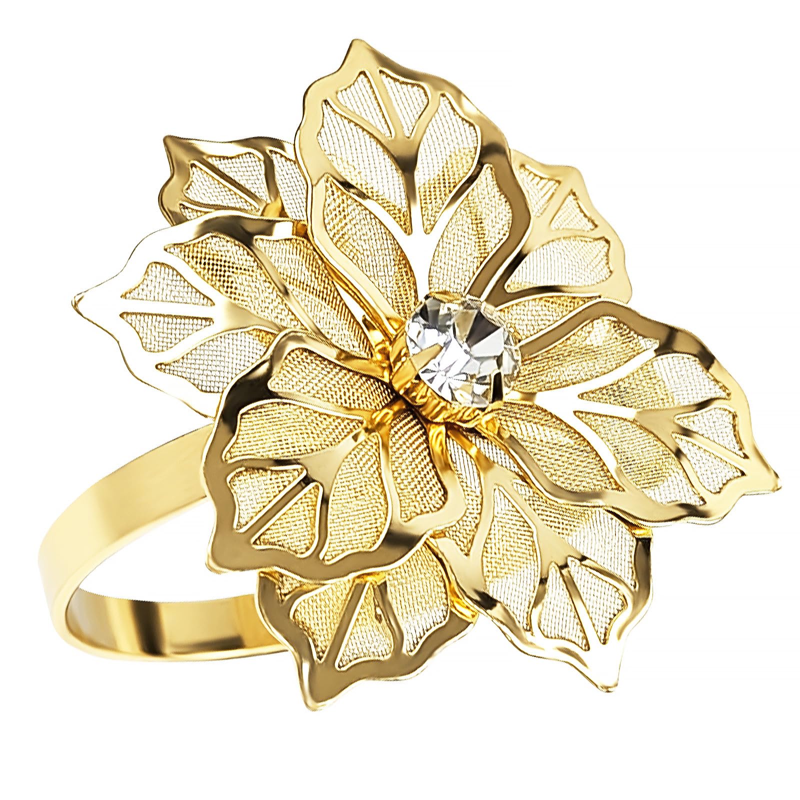 Anillos EMORBALS para servilleta con flor dorada, ideal para cenas festivas.