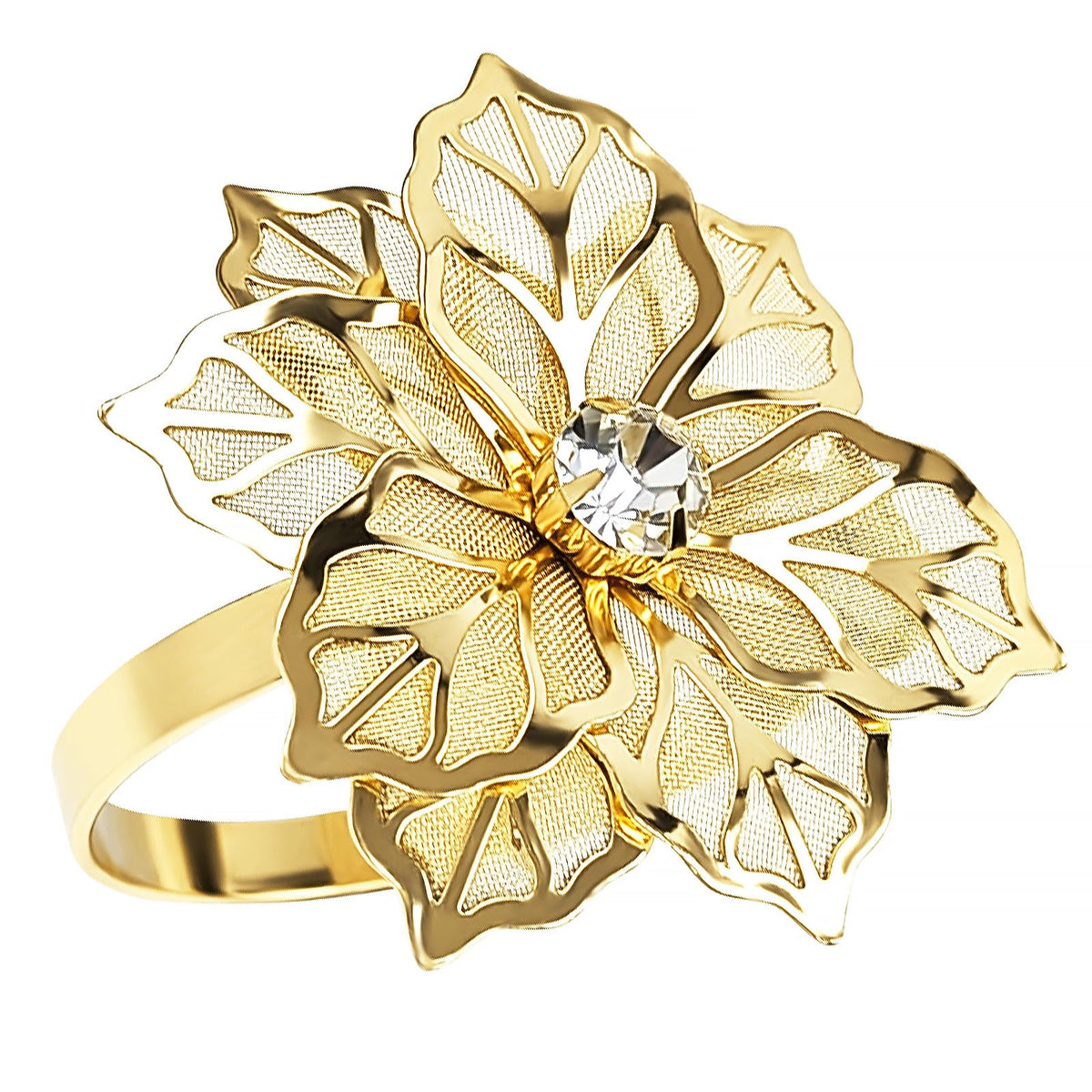 Anillos EMORBALS para servilleta con flor dorada, ideal para cenas festivas.
