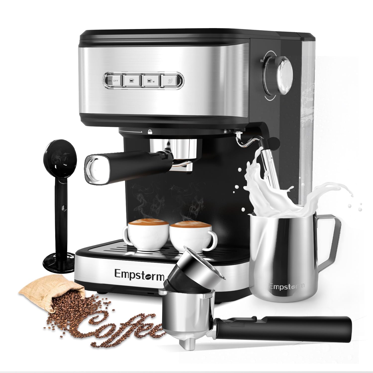 Empstorm cafetera espresso frontal plateada para uso doméstico diario.