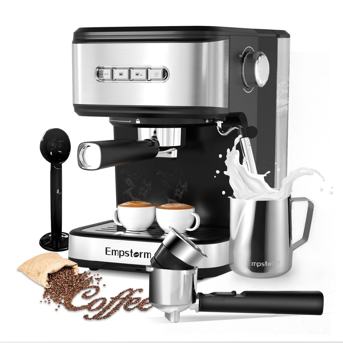 Empstorm cafetera espresso frontal plateada para uso doméstico diario.