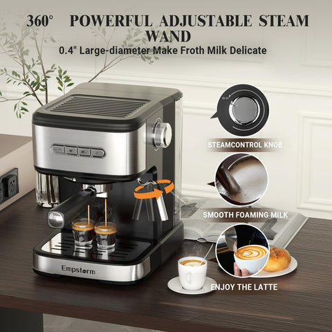 Empstorm cafetera espresso molido, control de dosis sencillo.