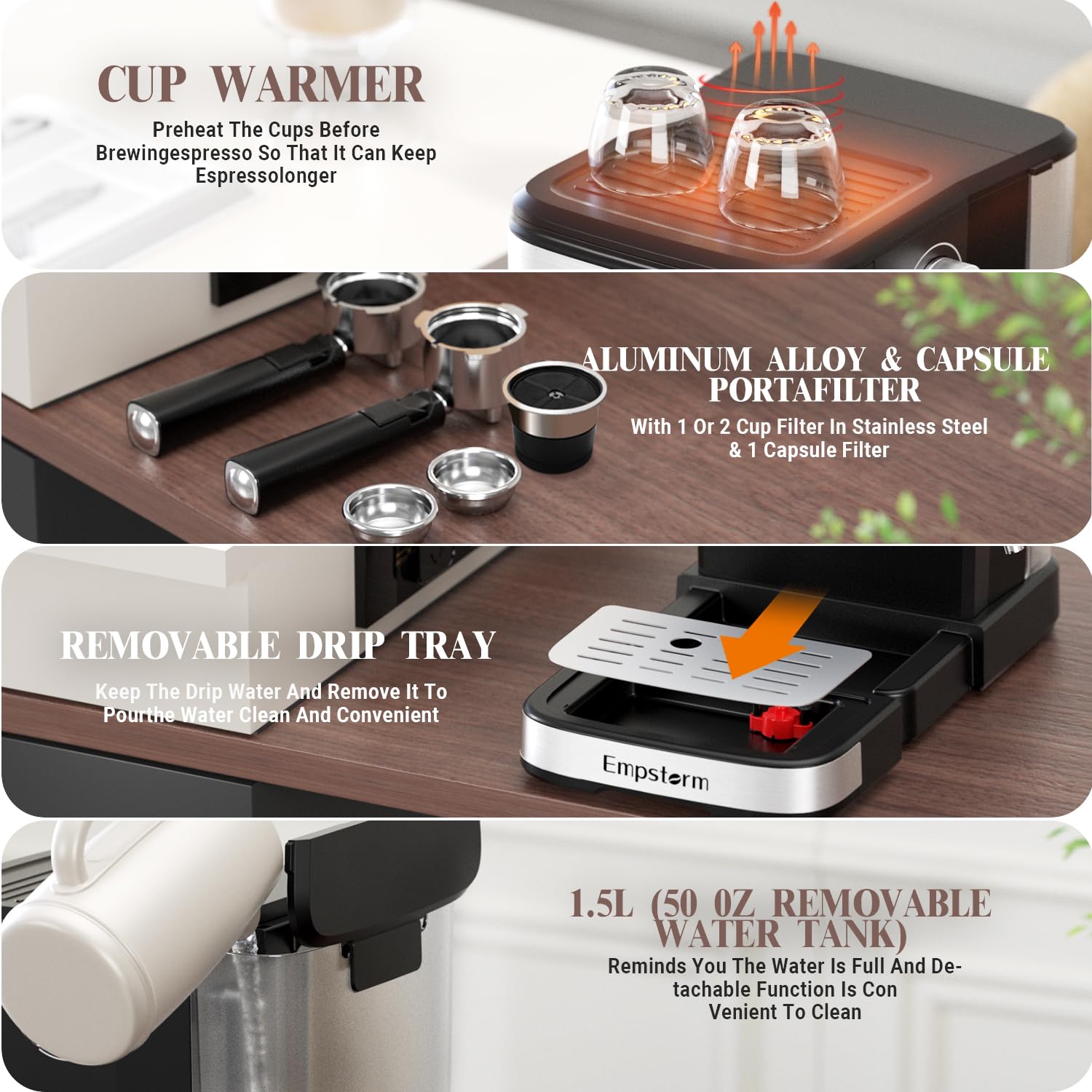Empstorm cafetera espresso tanque de agua extraíble, rellenado cómodo.