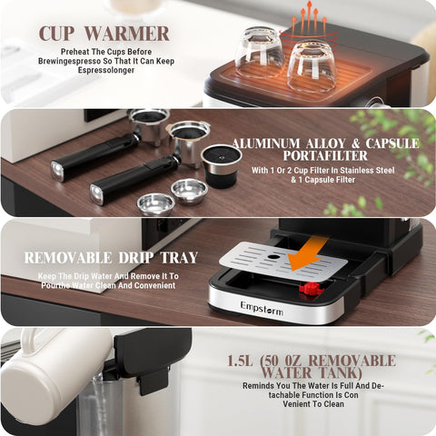 Empstorm cafetera espresso tanque de agua extraíble, rellenado cómodo.
