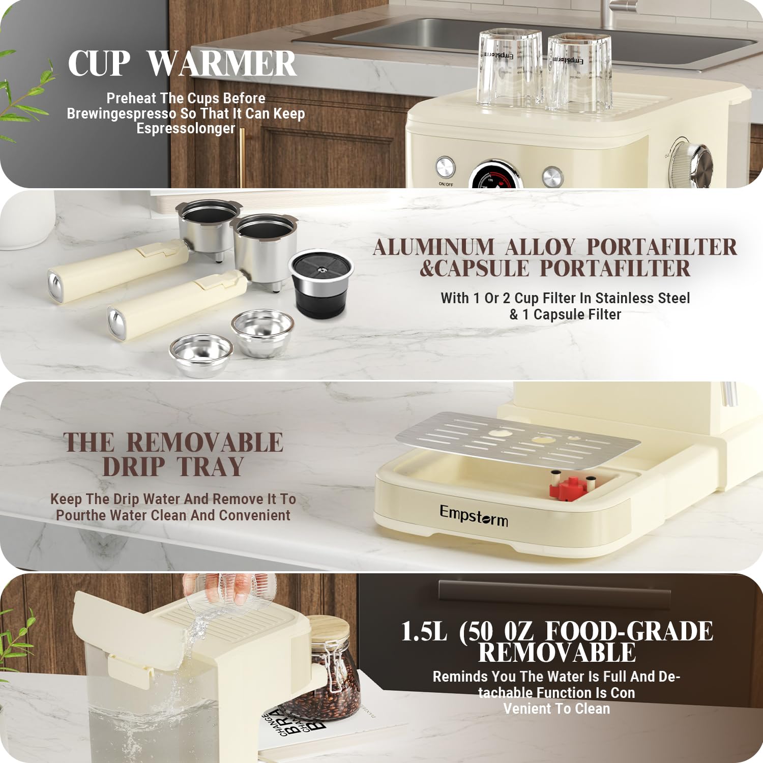 Empstorm Espresso Machine filtros para espresso y cápsulas disponibles.