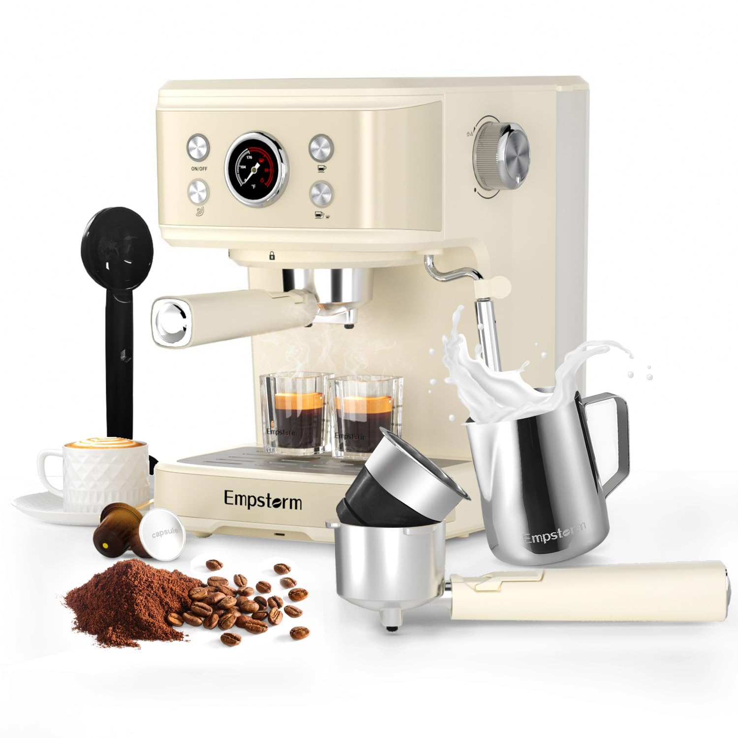 Empstorm Espresso Machine frente, diseño compacto para cocinas pequeñas.