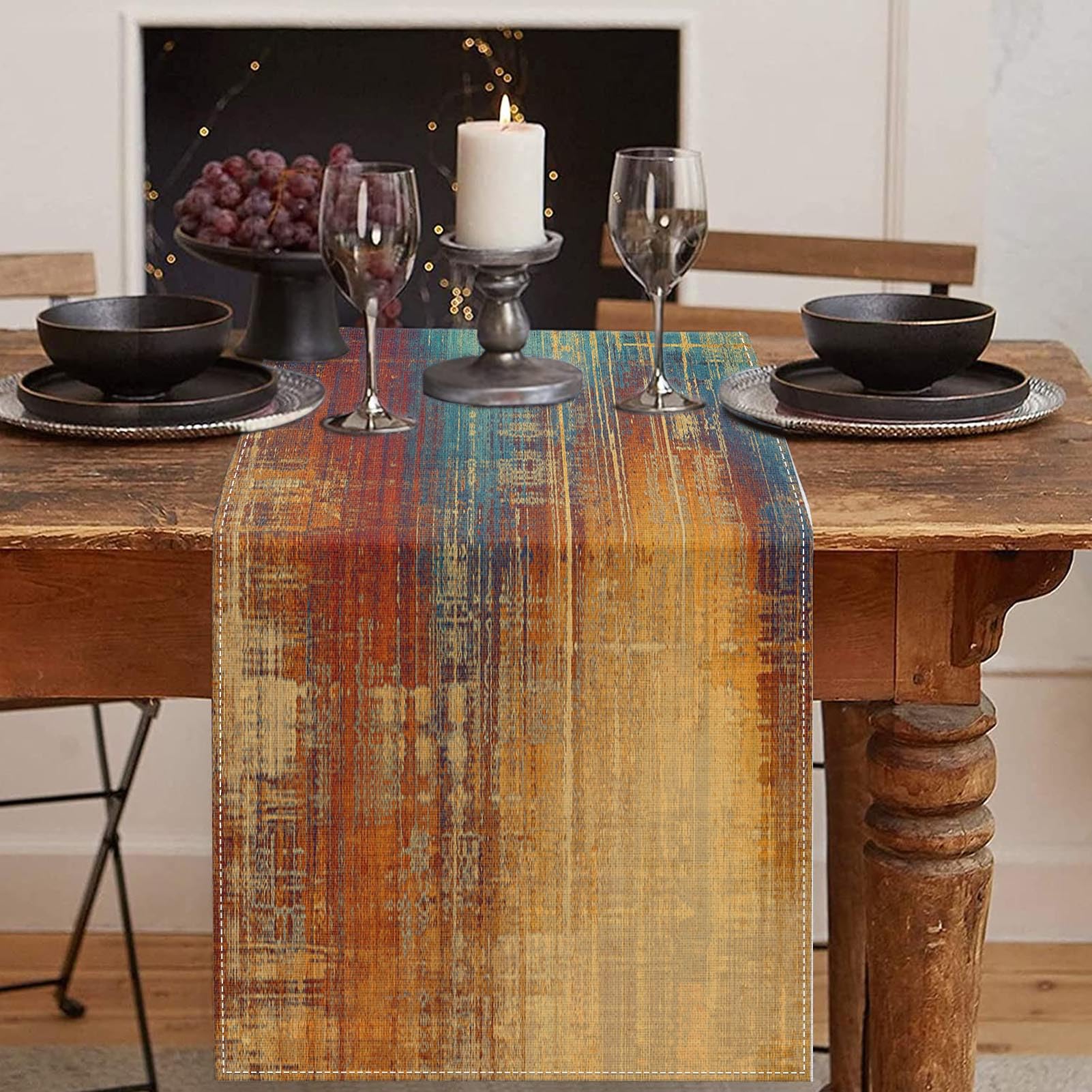 Emvency runner de mesa azul-naranja, diseño abstracto para comedor elegante.