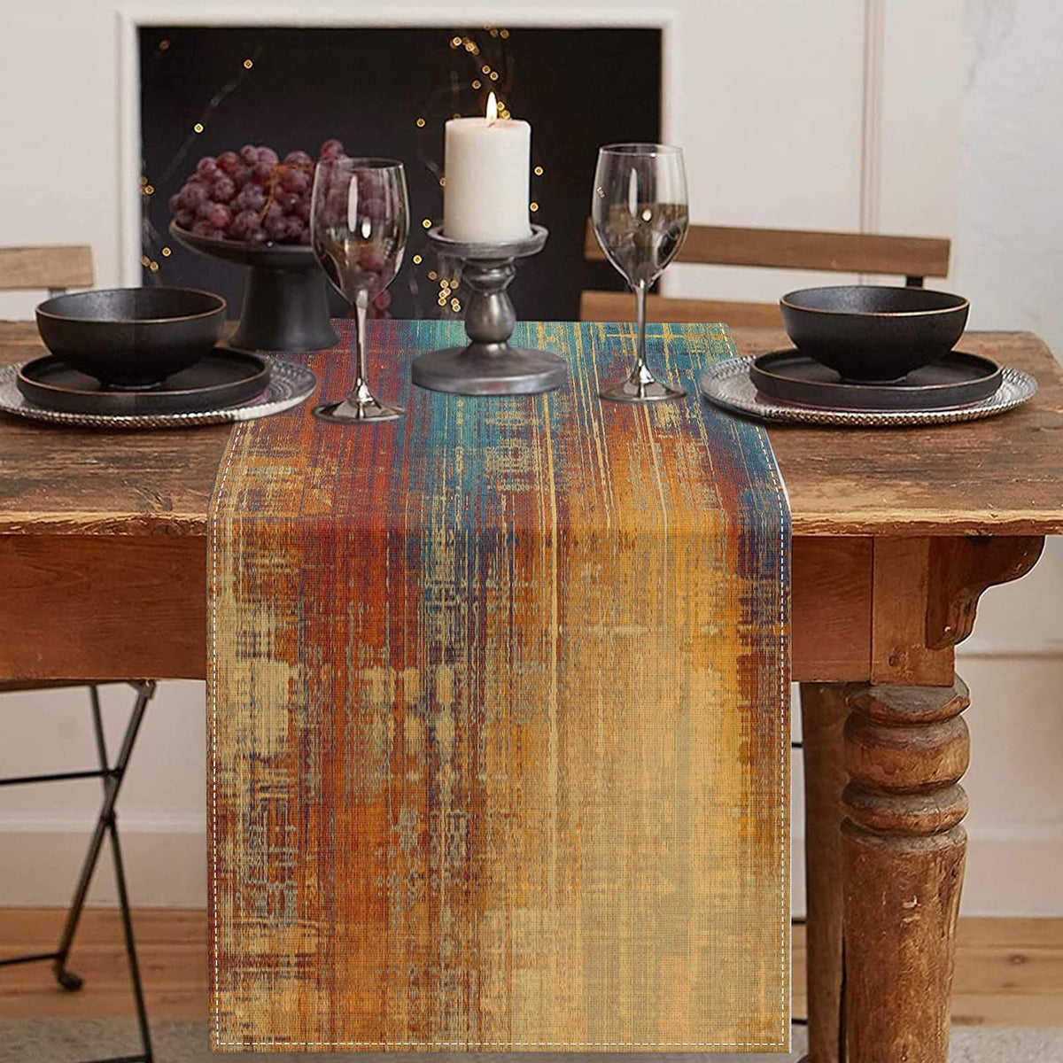 Emvency runner de mesa azul-naranja, diseño abstracto para comedor elegante.